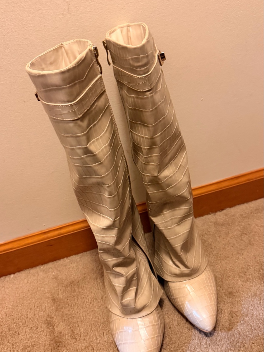 Fashion Nova Cream Croc-Effect Over-the-Knee Boots